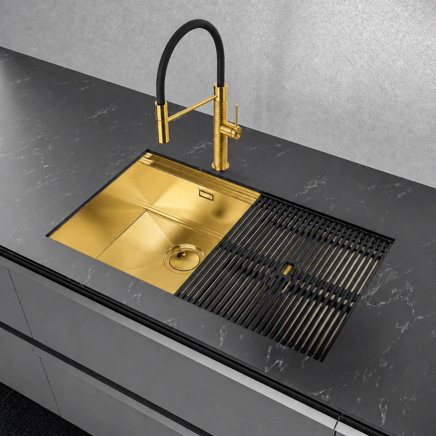 80cm under mounted milano sink gold with the two drainer boards and the milanello luxury gold mixer tap 