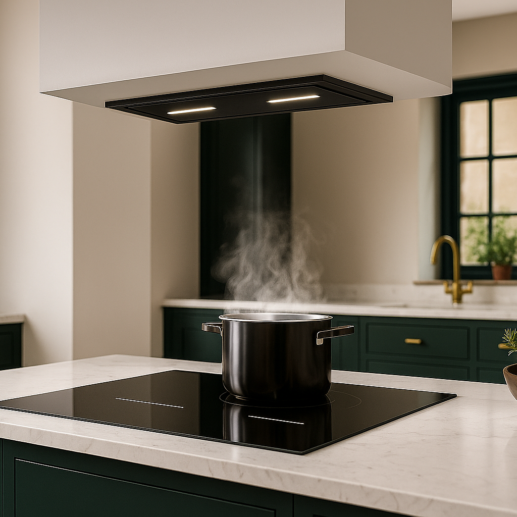 Luxair 86cm black canopy cooker hood extracting steam on an induction hob in a dark green and white modern kitchen.