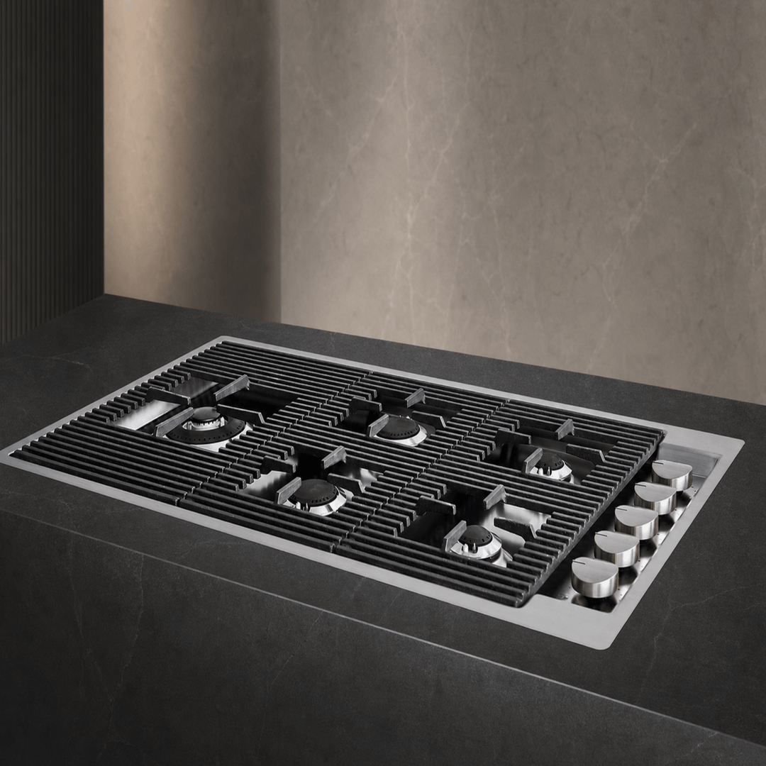 5 burner gas hob 86cm stainless steel with [powerful wok burner and flush knobs 