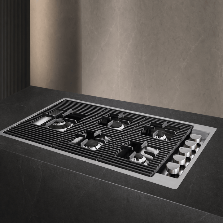 5 burner gas hob 86cm stainless steel with [powerful wok burner and flush knobs 