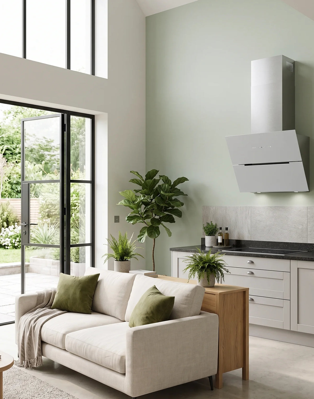 Modern living room with a sofa, cushions, featuring a 90cm Ascenti angled wall cooker hood and kitchen in the background.