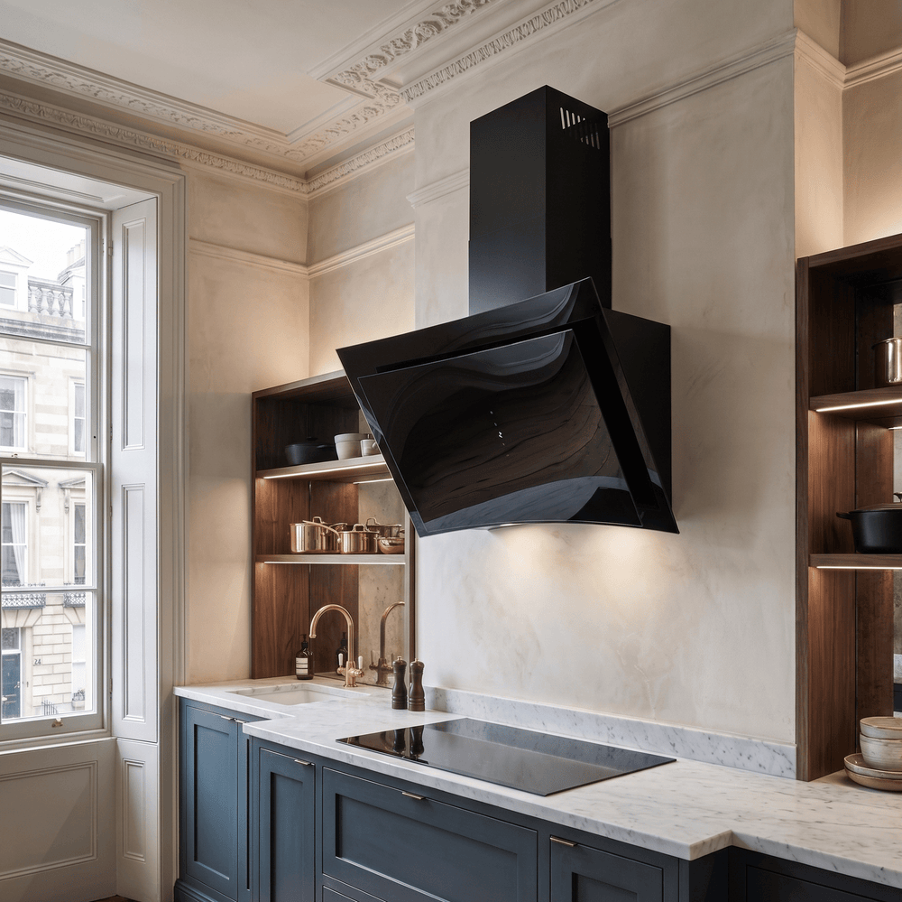 Curva wall mounted cooker hood with angled glass. Installed in a modern shaker style navy blue kitchen with built in shelving and brass features.