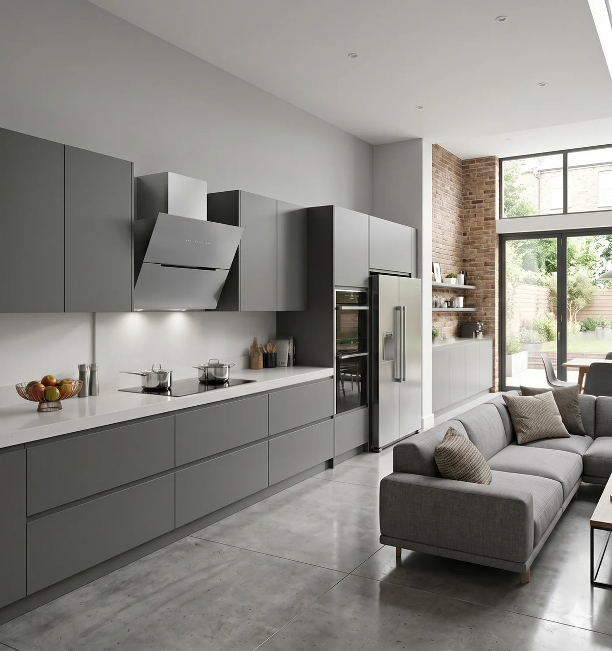 Designer 90cm Ascenti angled wall cooker hood in a modern kitchen with grey cabinets and open plan living room area. 