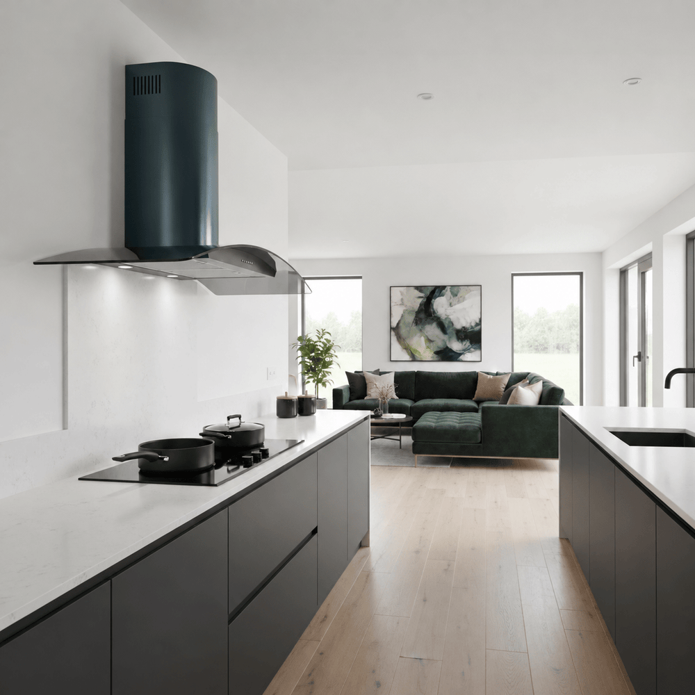 Anthracite curved glass wall hood in open plan kitchen
