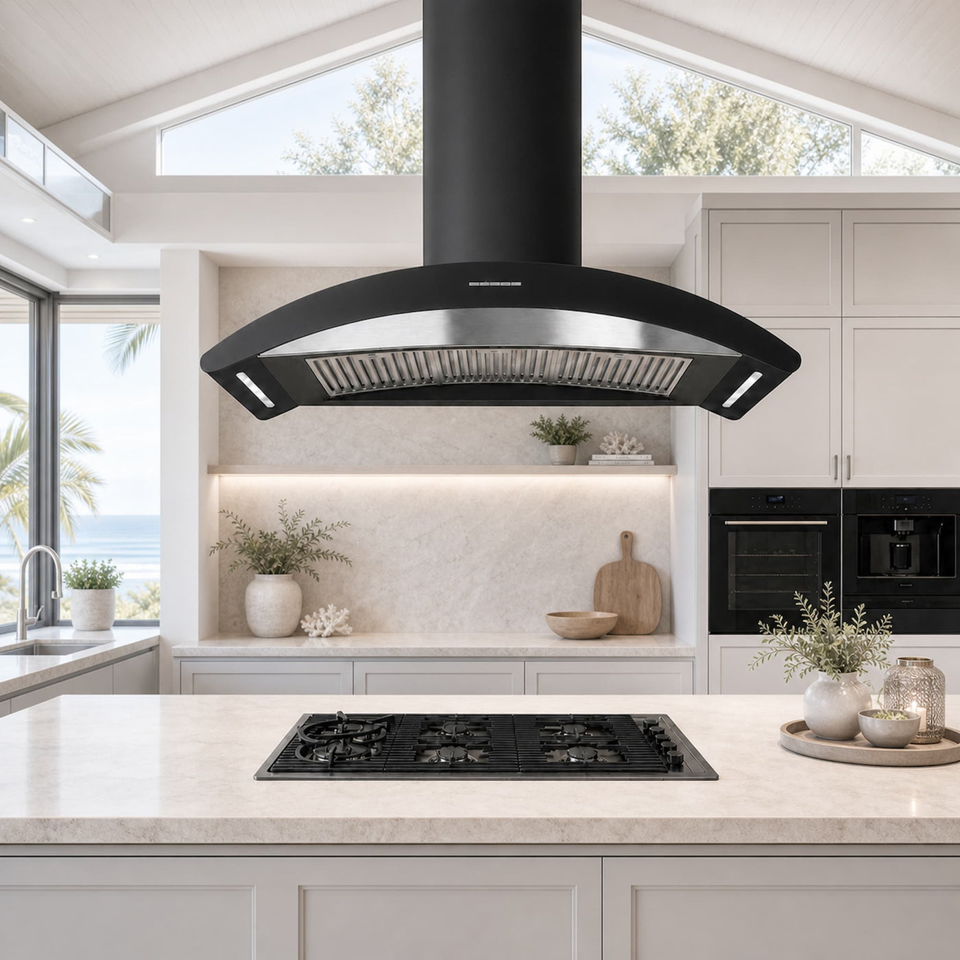 90cm stainless fascia back, back island cooker hood with matching Milano 5 burner lusso gas hob
