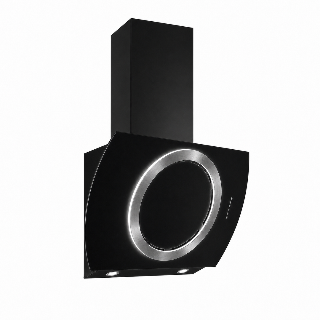 Wall mounted cooker hood with various center ring configurations, gold, copper, gun metal and stainless steel PVD steel finishes. powerful motor and extraction rates, size options 90cm, 100cm and 110cm widths.    