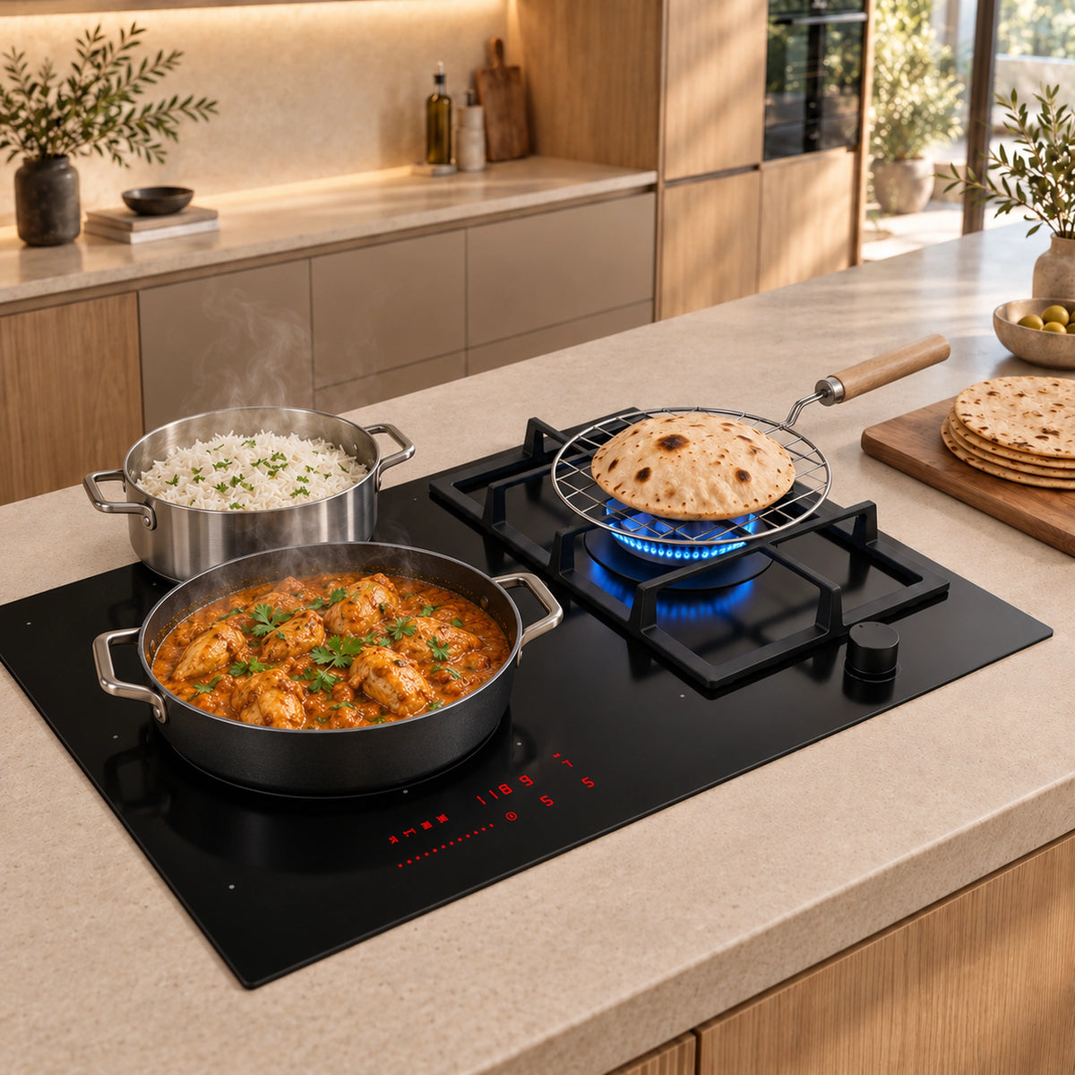 90cm - Hybrid Gas and Induction Hob with Wok Burner - Image 2