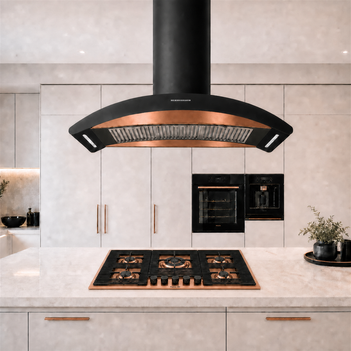 90cm kitchen island cooker hood with copper PVD steel and powerful motor 