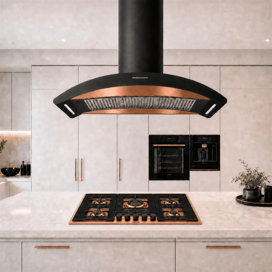 90cm kitchen island cooker hood with copper PVD steel and powerful motor 