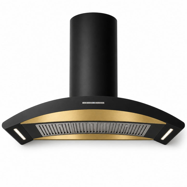 90cm kitchen island cooker hood with Gold PVD steel fascia and powerful motor