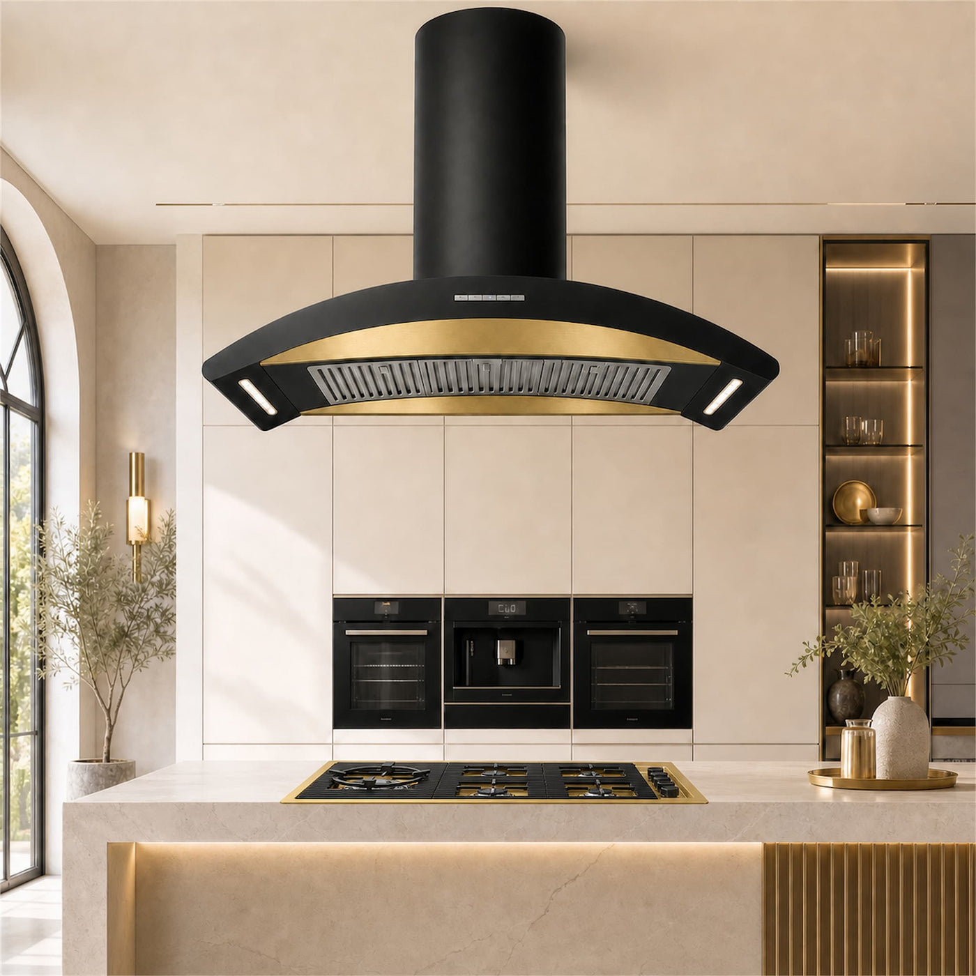 90cm island cooker hood with new PVD gold steel fascia - powerful motor easy install 