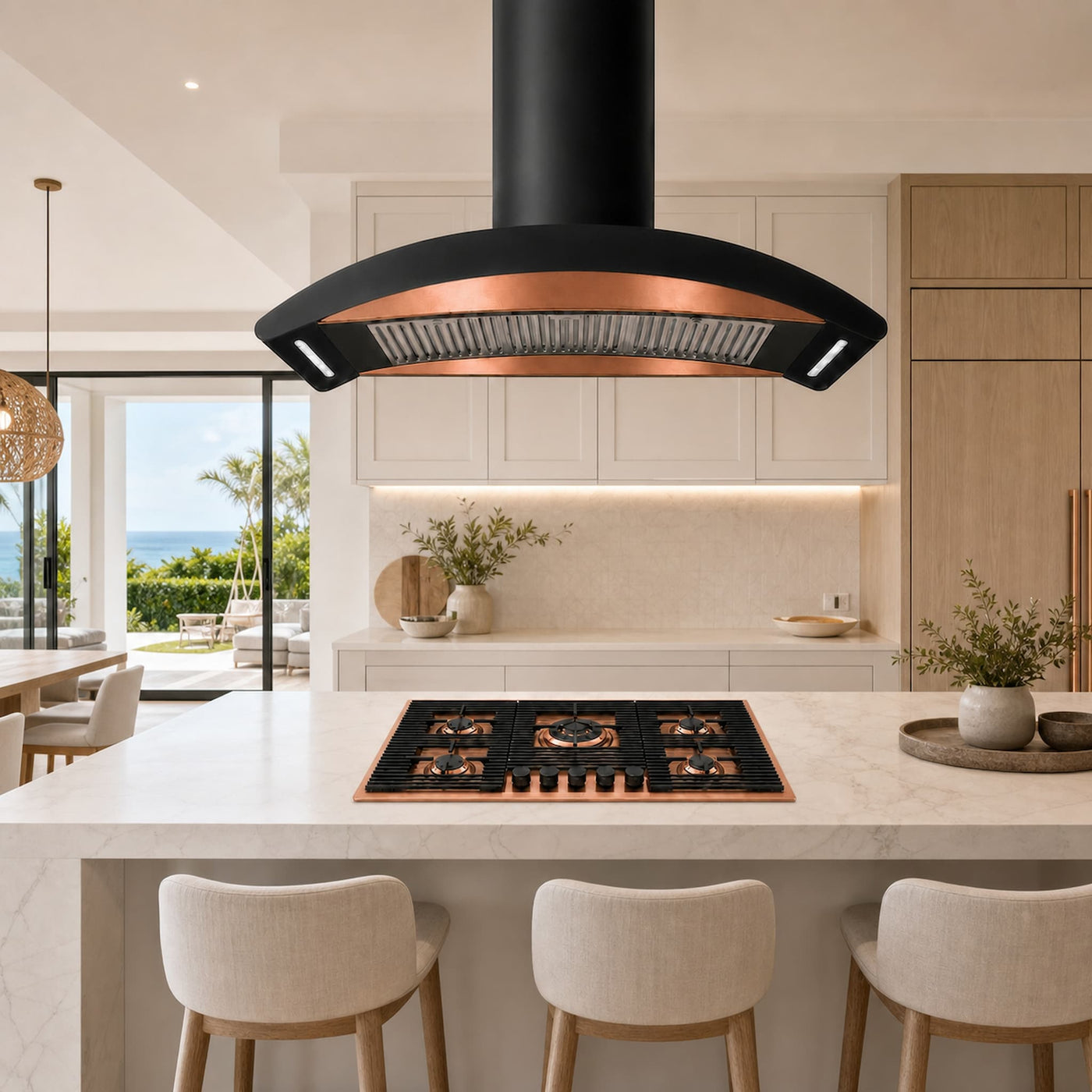 90cm island cooker hood with new PVD Copper steel fascia - powerful motor easy install 