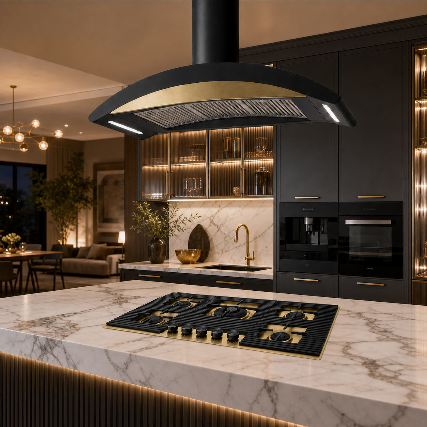 90cm kitchen island cooker hood gold fascia and matching gold milano lusso gas hob