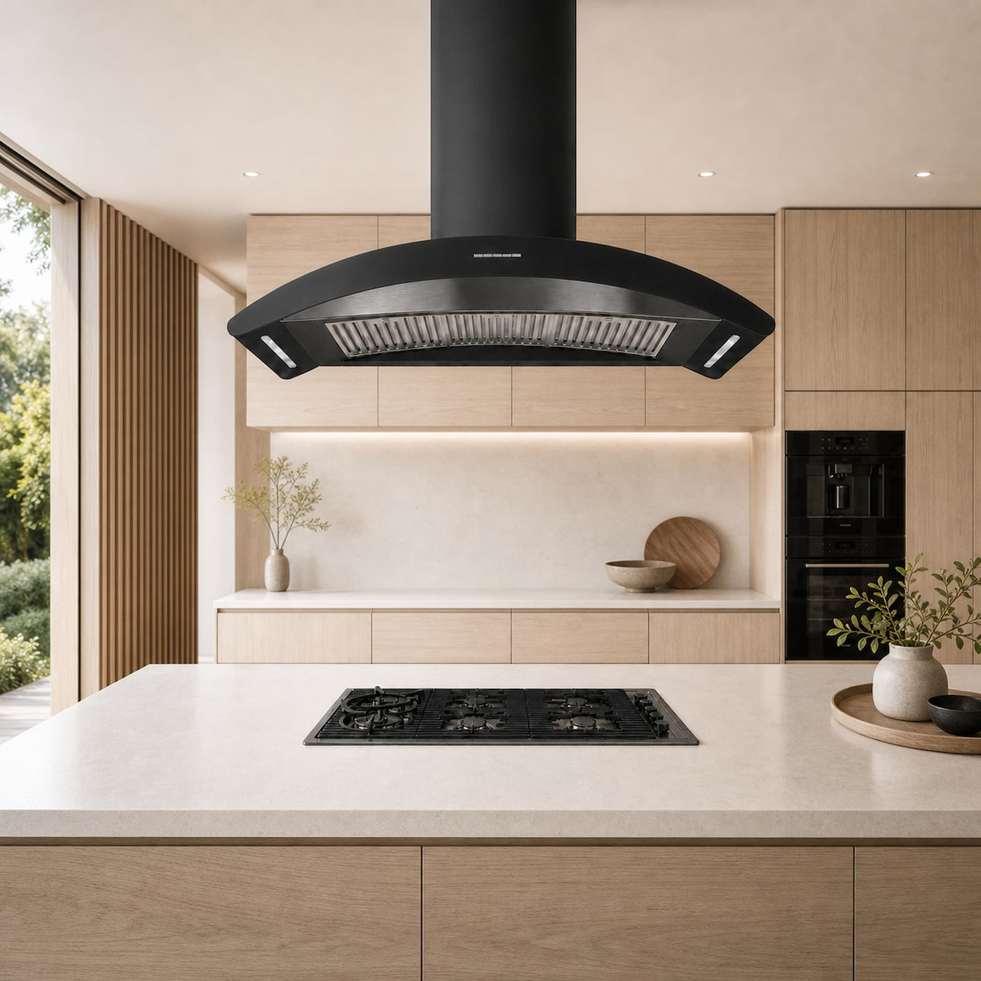 90cm gun metal fascia black island cooker hood with matching 5 burner hob 