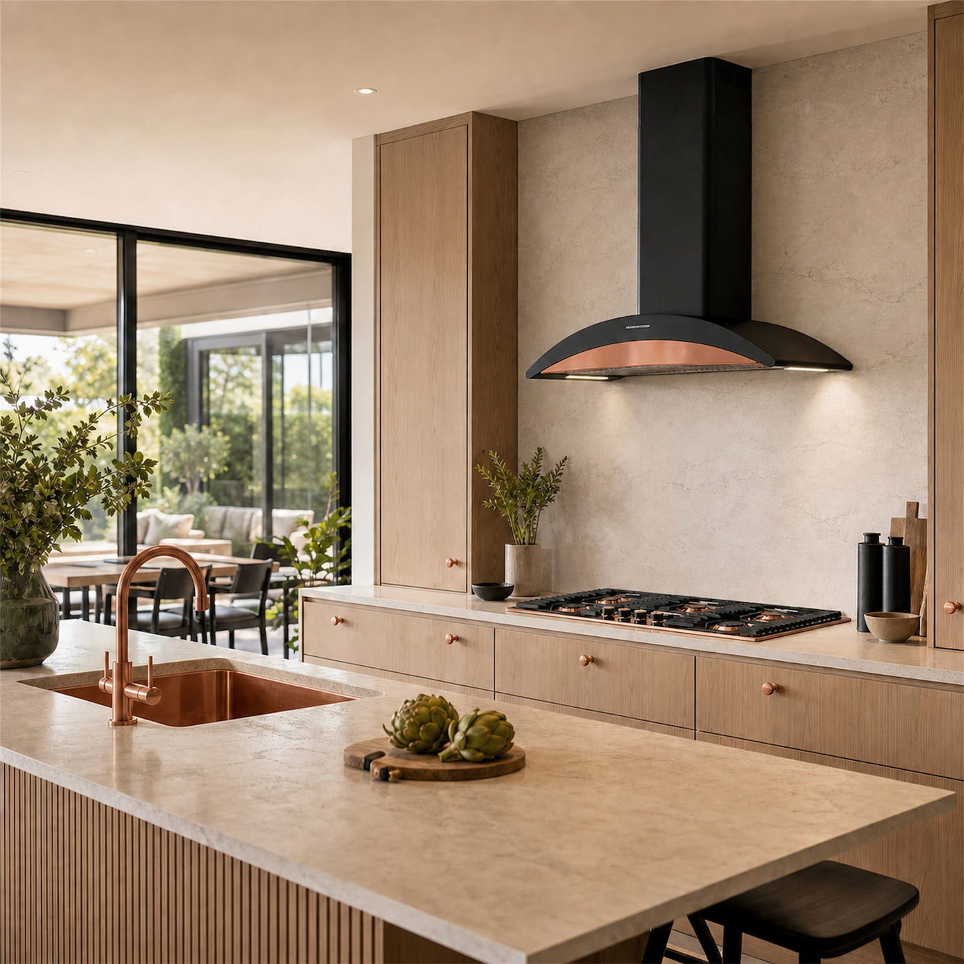 A modern kitchen interior with light wood cabinetry, a beige stone countertop and backsplash, a black range hood, and copper-toned fixtures including a sink and faucet. 