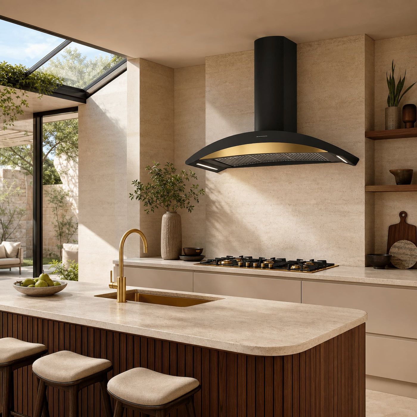 Modern kitchen interior with a black range hood featuring a gold interior trim, mounted above a gas cooktop. The kitchen has beige textured stone walls, a light beige stone countertop, a gold gooseneck faucet, and dark wood island cabinetry.