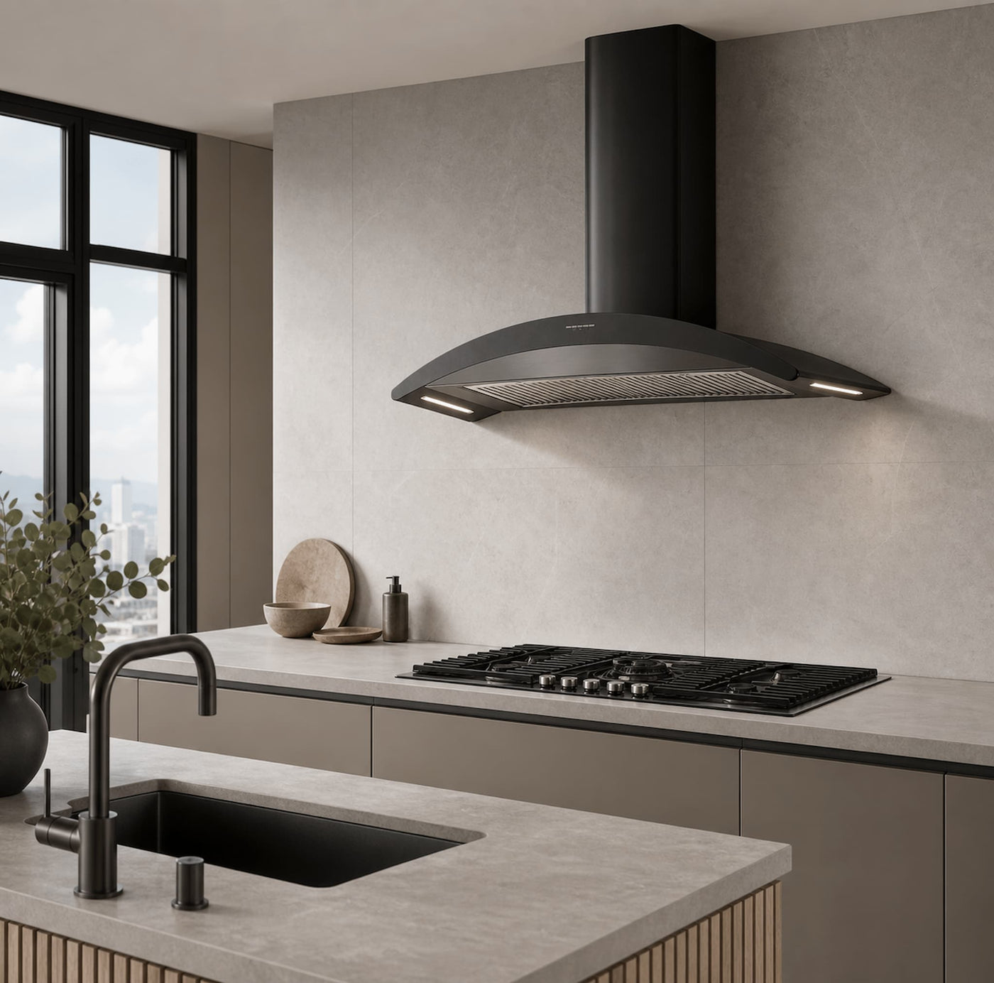 A modern kitchen scene featuring a matte black range hood with gun metal trim mounted above a Foster gun metal gas cooktop, with a matching gun metal mixer tap in the foreground and a concrete countertop.