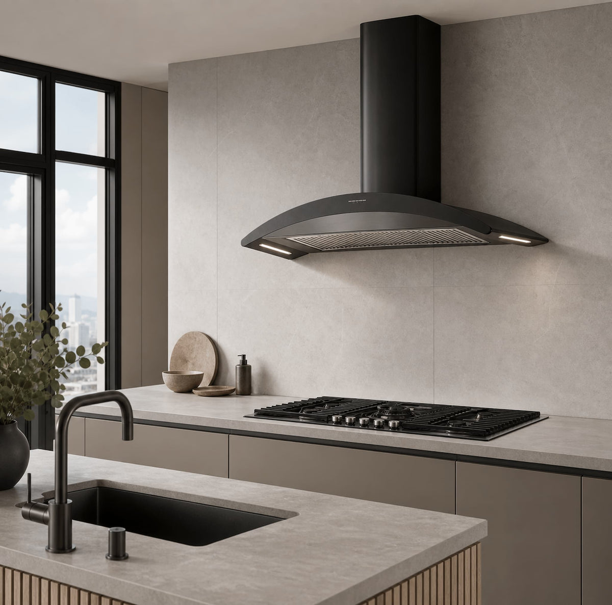80cm milano gas hob with Monza curved chimney hod with matching fascia gun metal