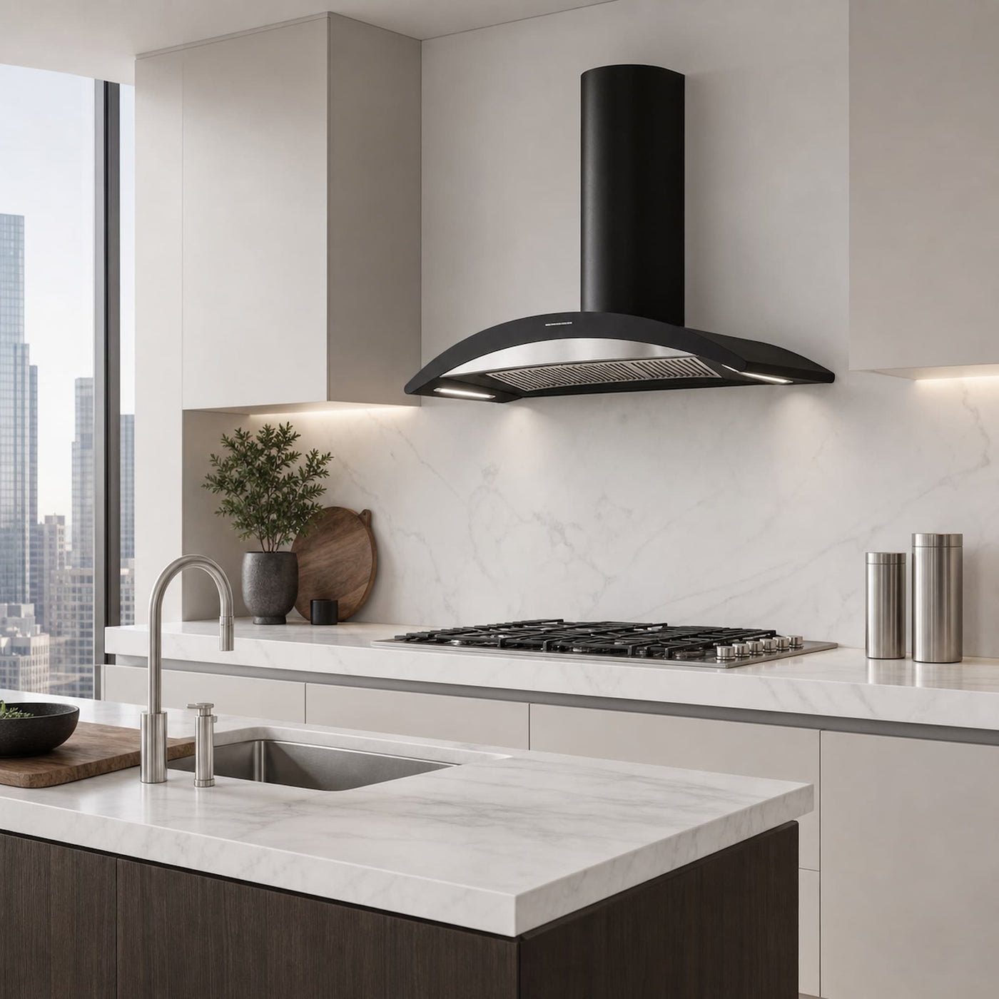 A modern kitchen scene featuring a matte black range hood mounted above a gas cooktop, with white marble countertops and backsplash, dark wood cabinetry
