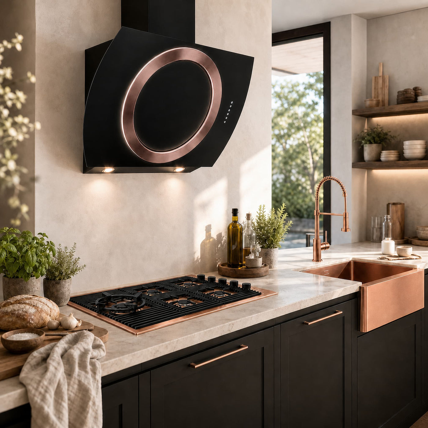 Copper pvd steel round center ring with surround led lighting to  give that glow of elegance when illuminated, milano 5 burner gas hob in copper with wok burner