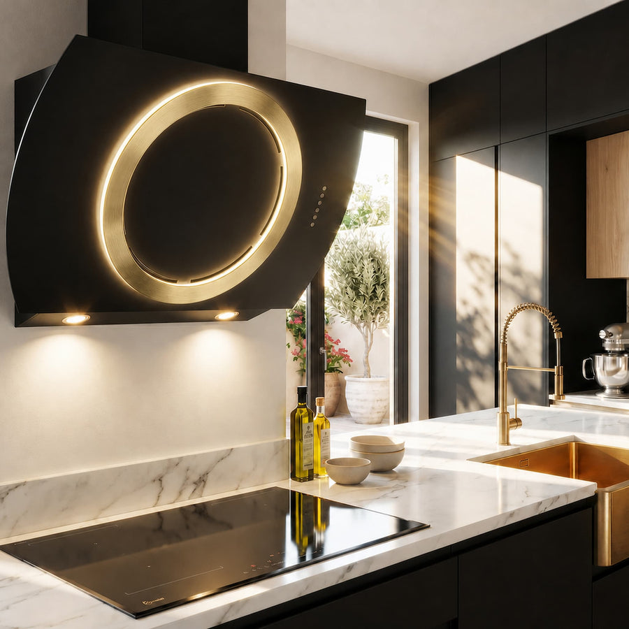 Wall mounted cooker hood with various centre ring configurations.