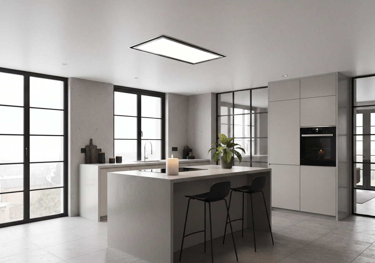 A modern kitchen interior with a central island, two black bar stools, tall white cabinets, black-framed windows, and a rectangular ceiling cooker hood
