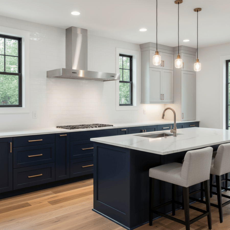 Stainless Steel Arezzo with Left hand chimney installed within a navy blue shaker style kitchen with white marble worktops