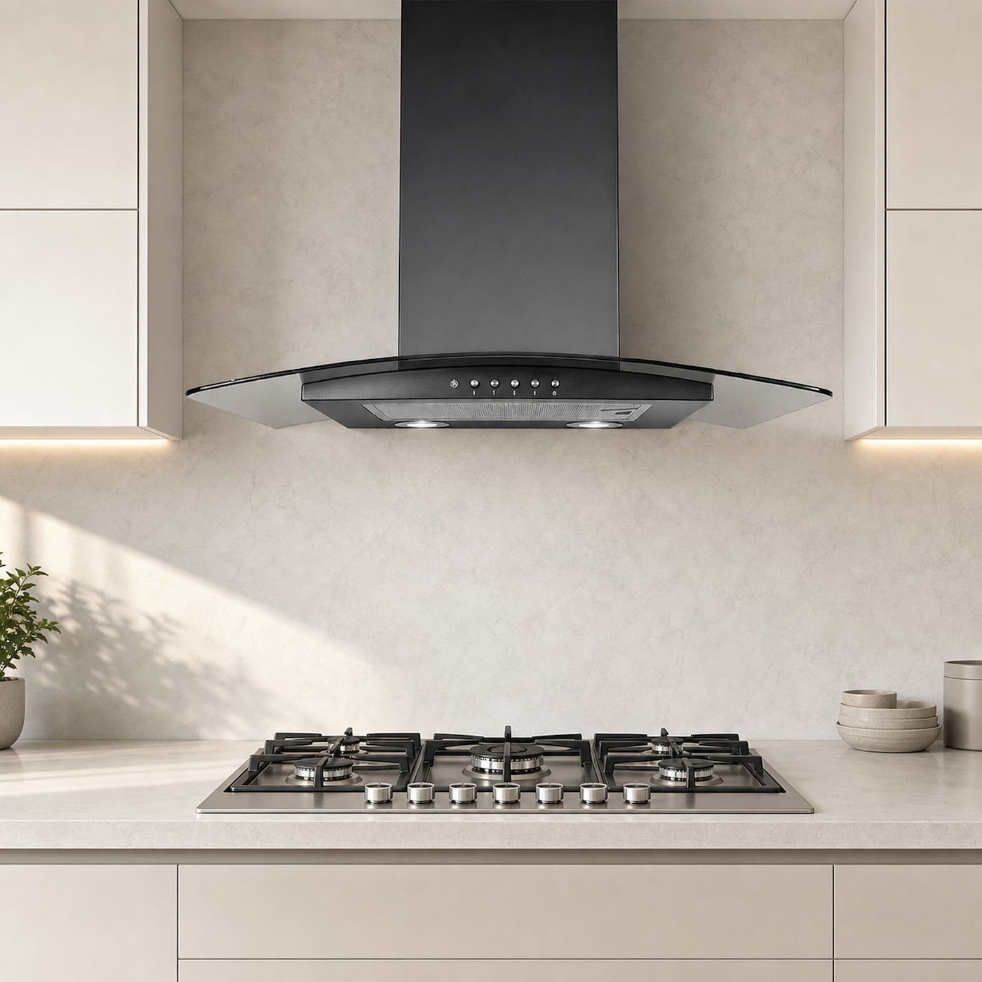 A modern kitchen scene featuring a black glass chimney hood mounted above a stainless steel gas cooktop, set against a light beige textured backsplash and cream-colored cabinetry.