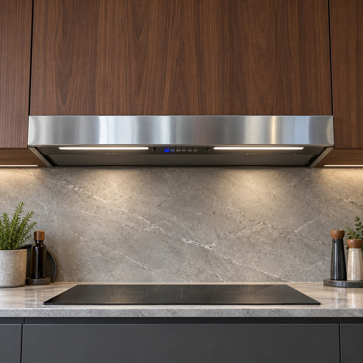 115cm None drop steam canopy cooker hood stainless with LED lights and 6 zone induction hob