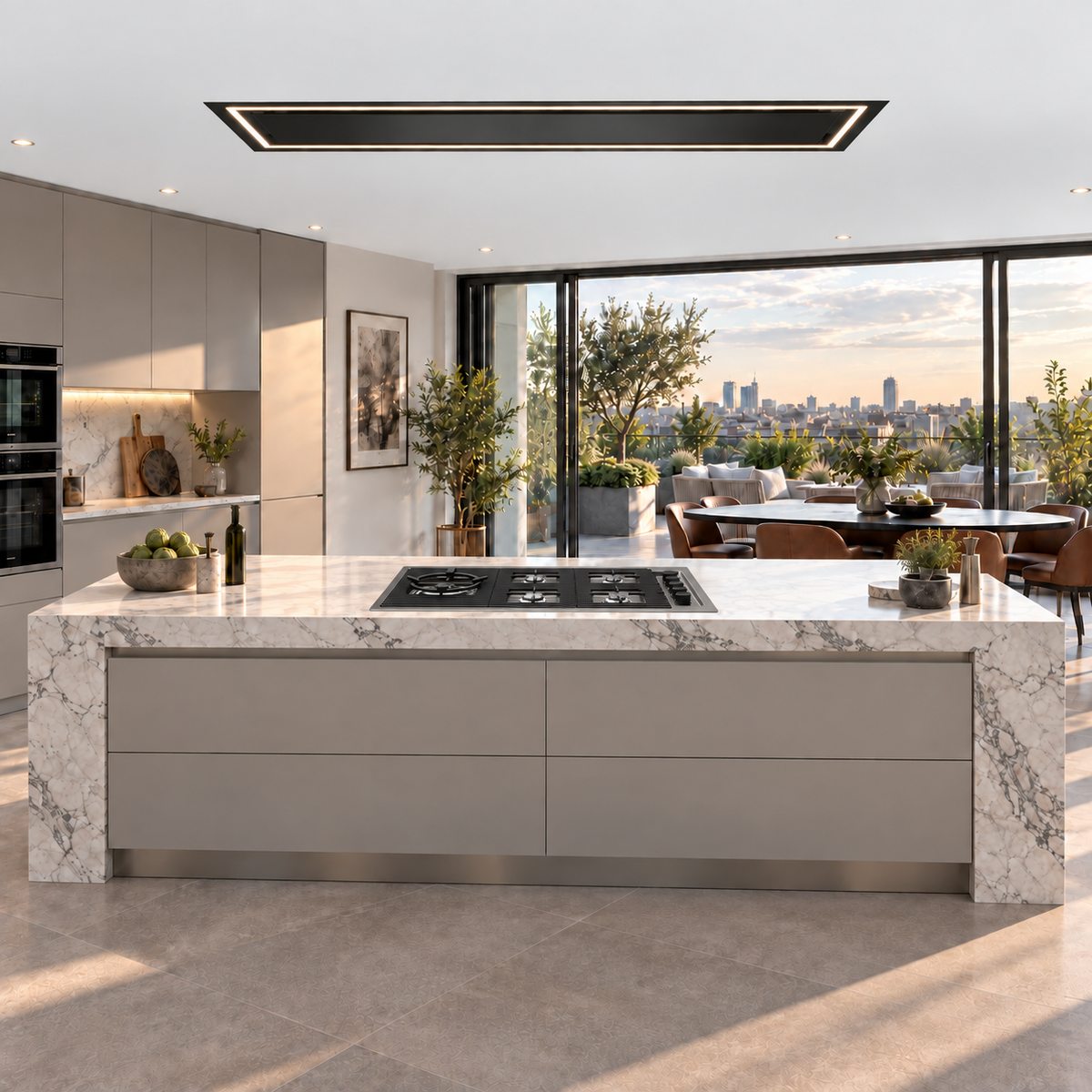 Angled view of the Caporra matte black ceiling extractor showing its slim profile and LED lighting
