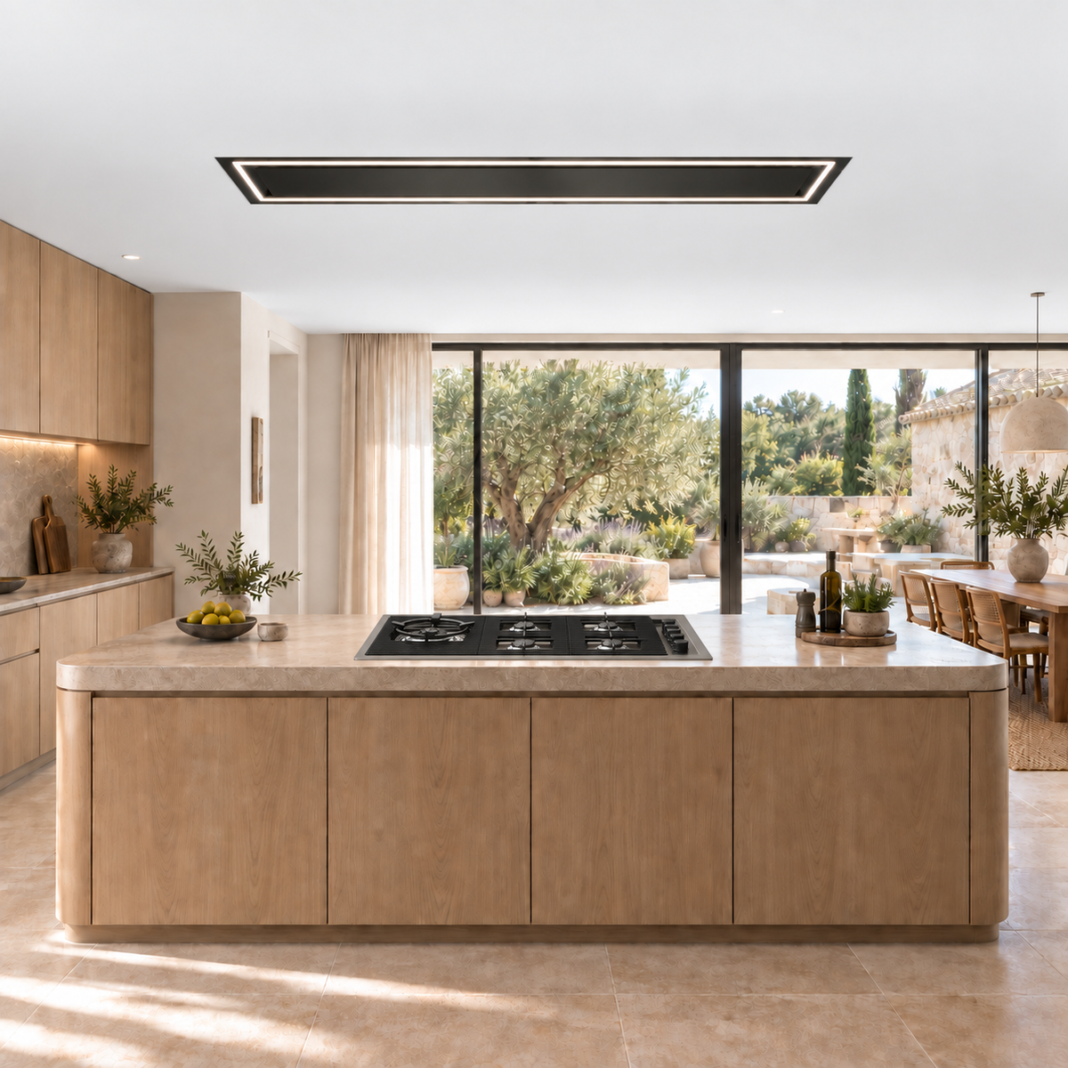 Caporra 180cm matte black ceiling extractor with continuous surround LED lighting.