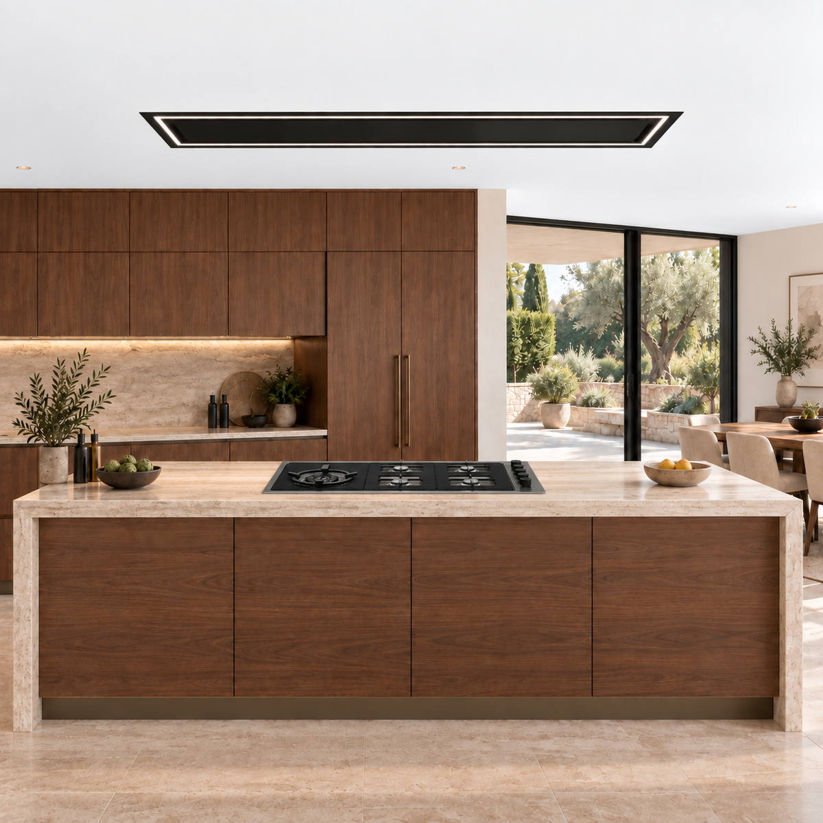 Caporra matte black ceiling cooker hood with a slim 180 × 30cm design and perimeter extraction.