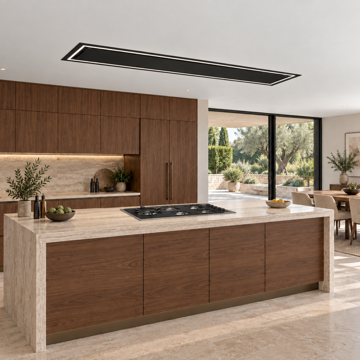 Caporra 180cm black ceiling extractor with an illuminated LED surround and flat central panel.