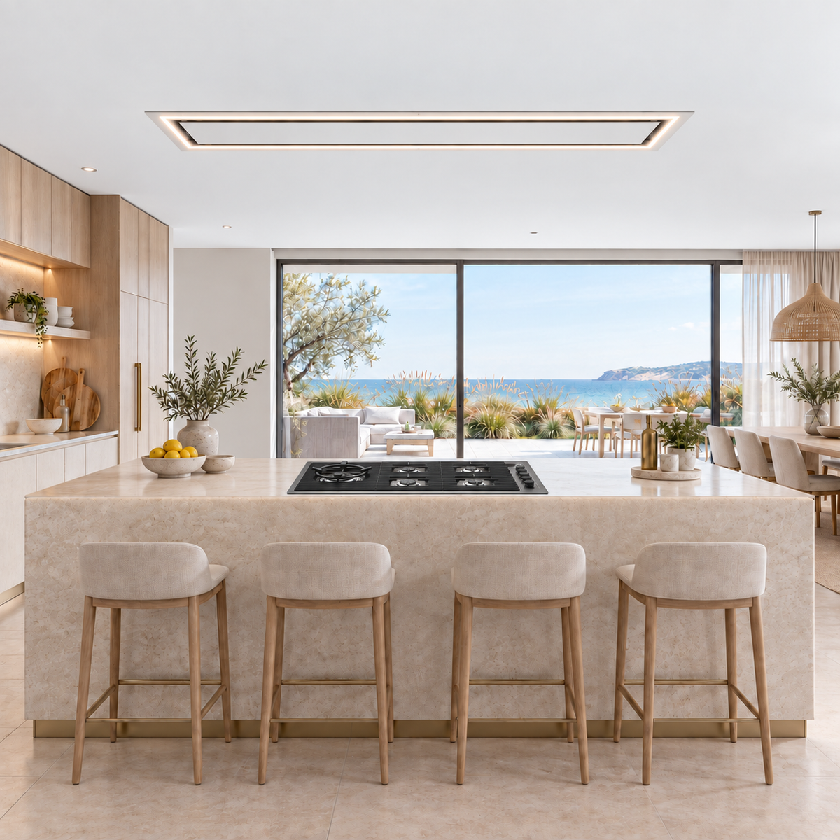Caporra matte white ceiling extractor showing its long, narrow design and surround lighting.