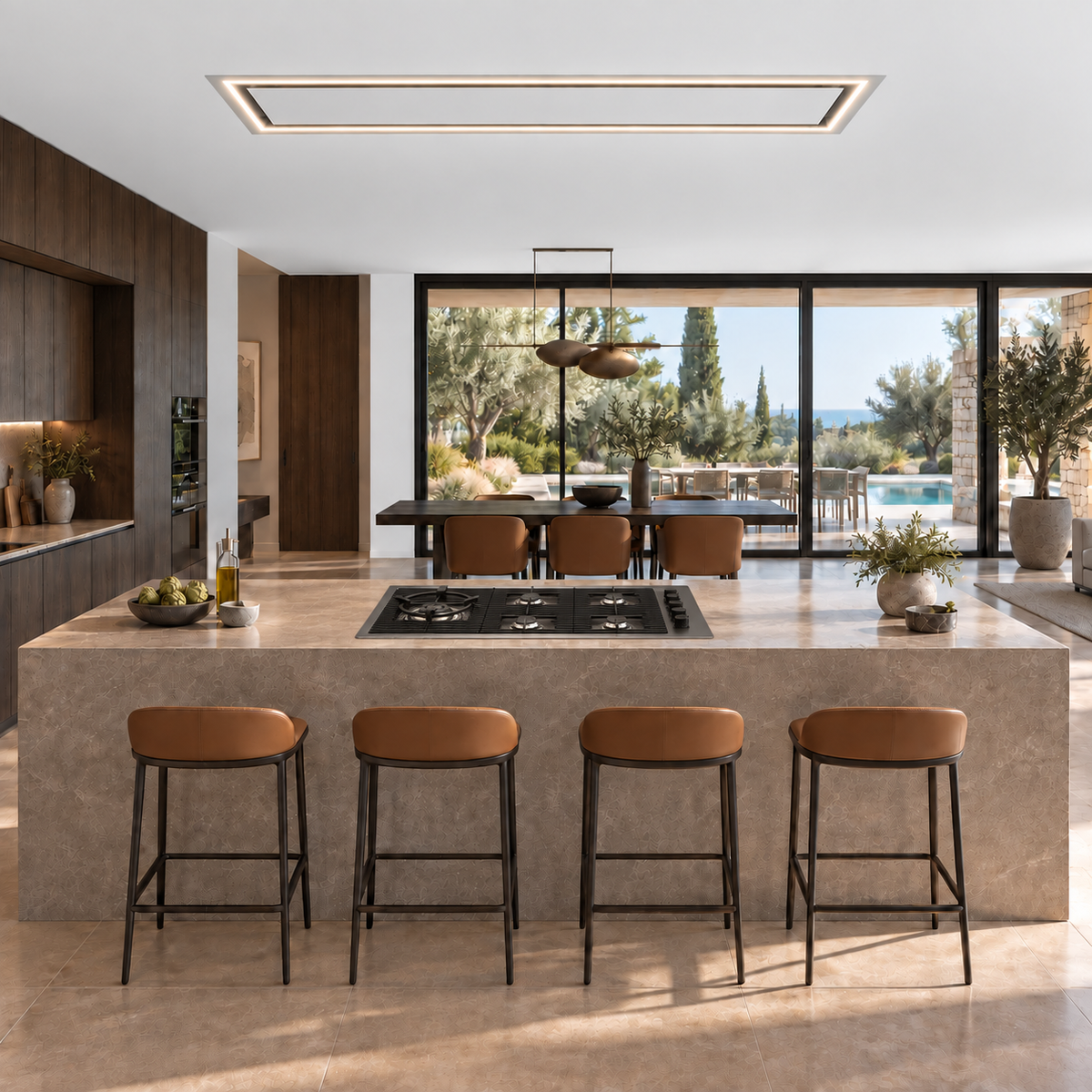 Caporra matte white ceiling cooker hood with a slim 180 × 30cm design and perimeter extraction.