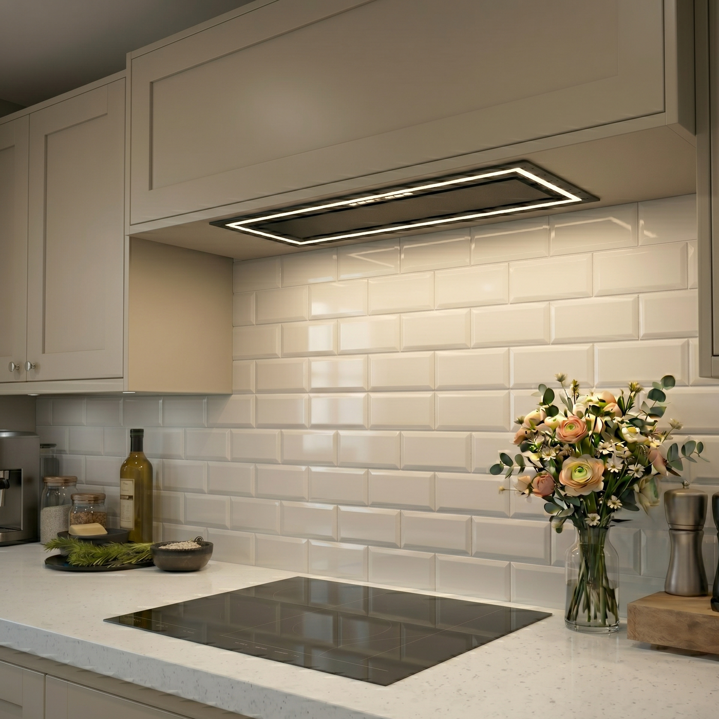 Modern kitchen with black Caporra canopy cooker hood