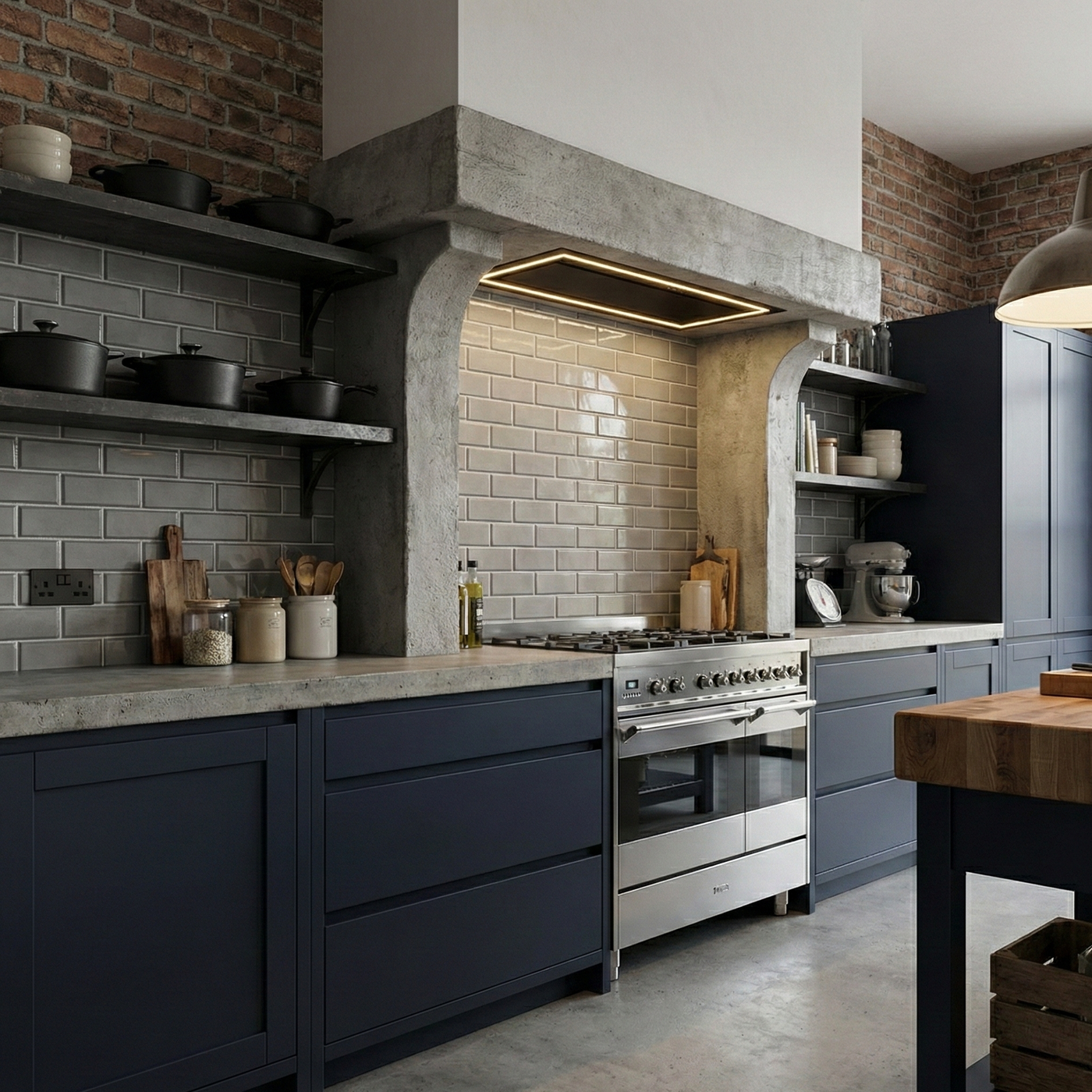 Black Built in Caporra cooker hood built into chimney breast above range cooker