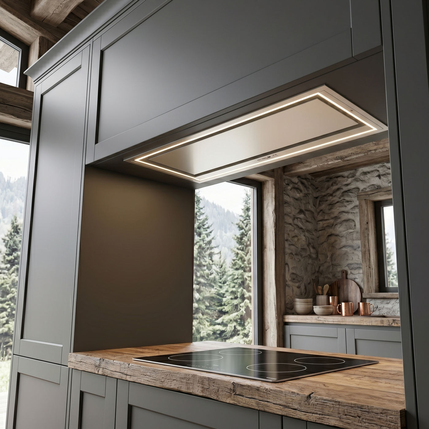 Caporra Stainless Steel Canopy Cooker Hood Built Into a Modern Charcoal Lodge Kitchen