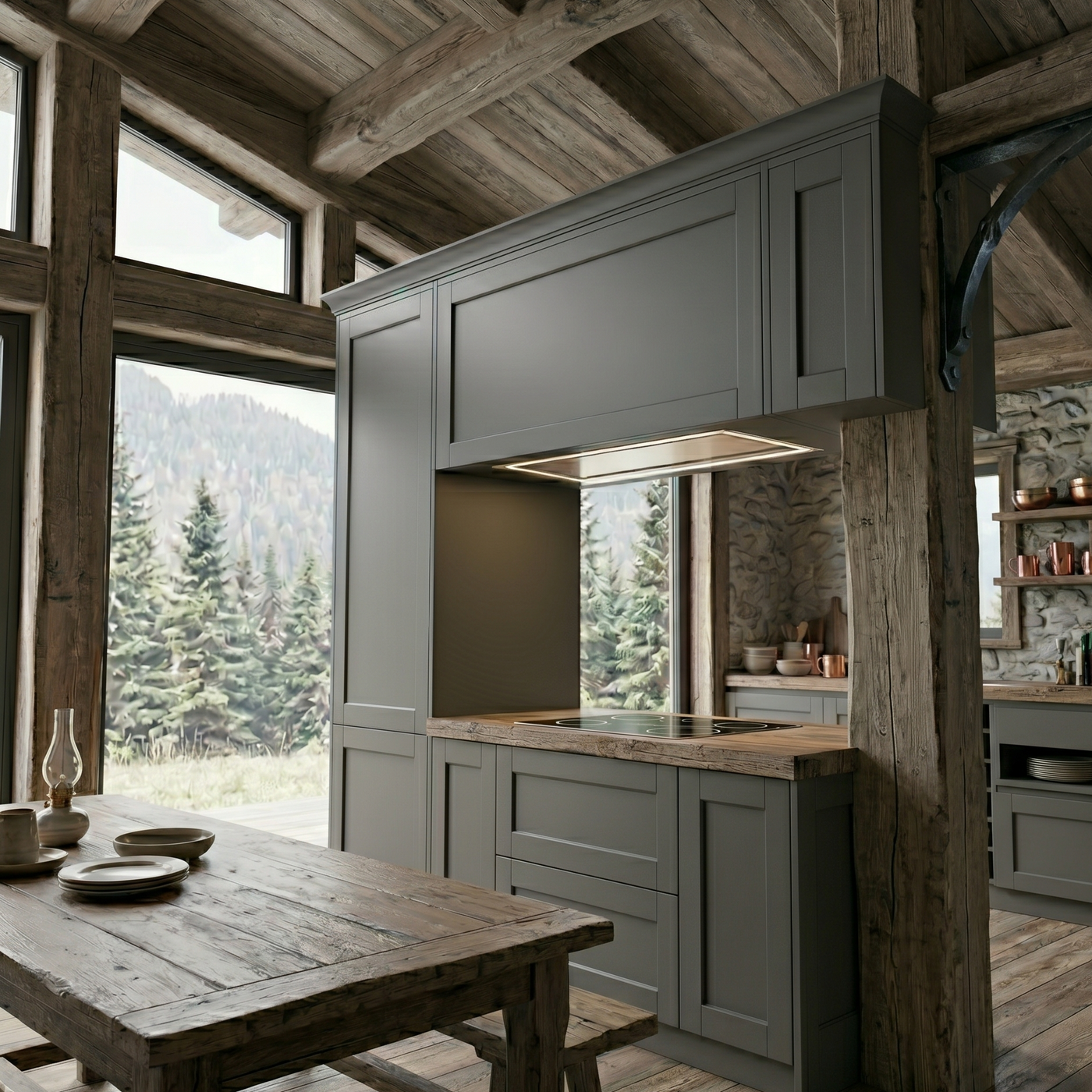 Caporra Stainless Steel Canopy Cooker Hood Built into a  Modern kitchen with wooden beams 