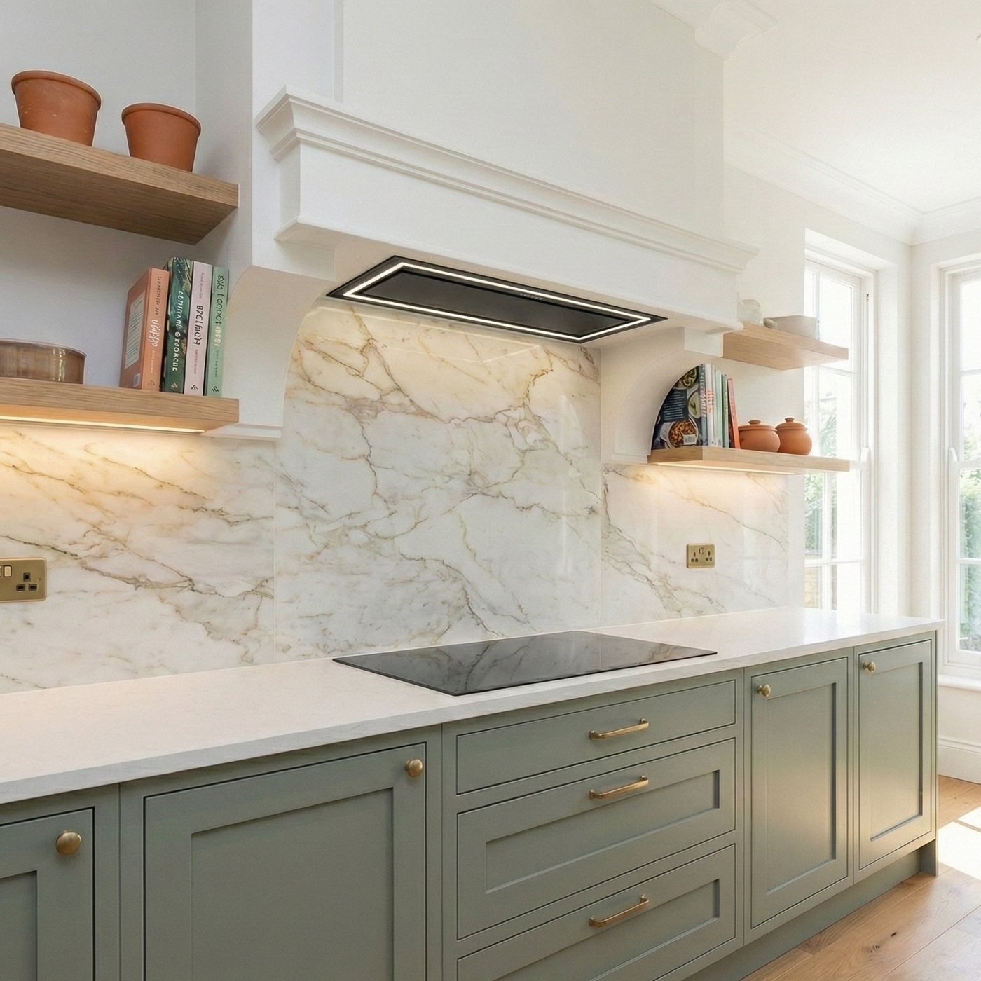 Caporra Black Canopy Cooker Hood in a Modern Sage Green Kitchen with Marble Backsplash and Wooden Shelving