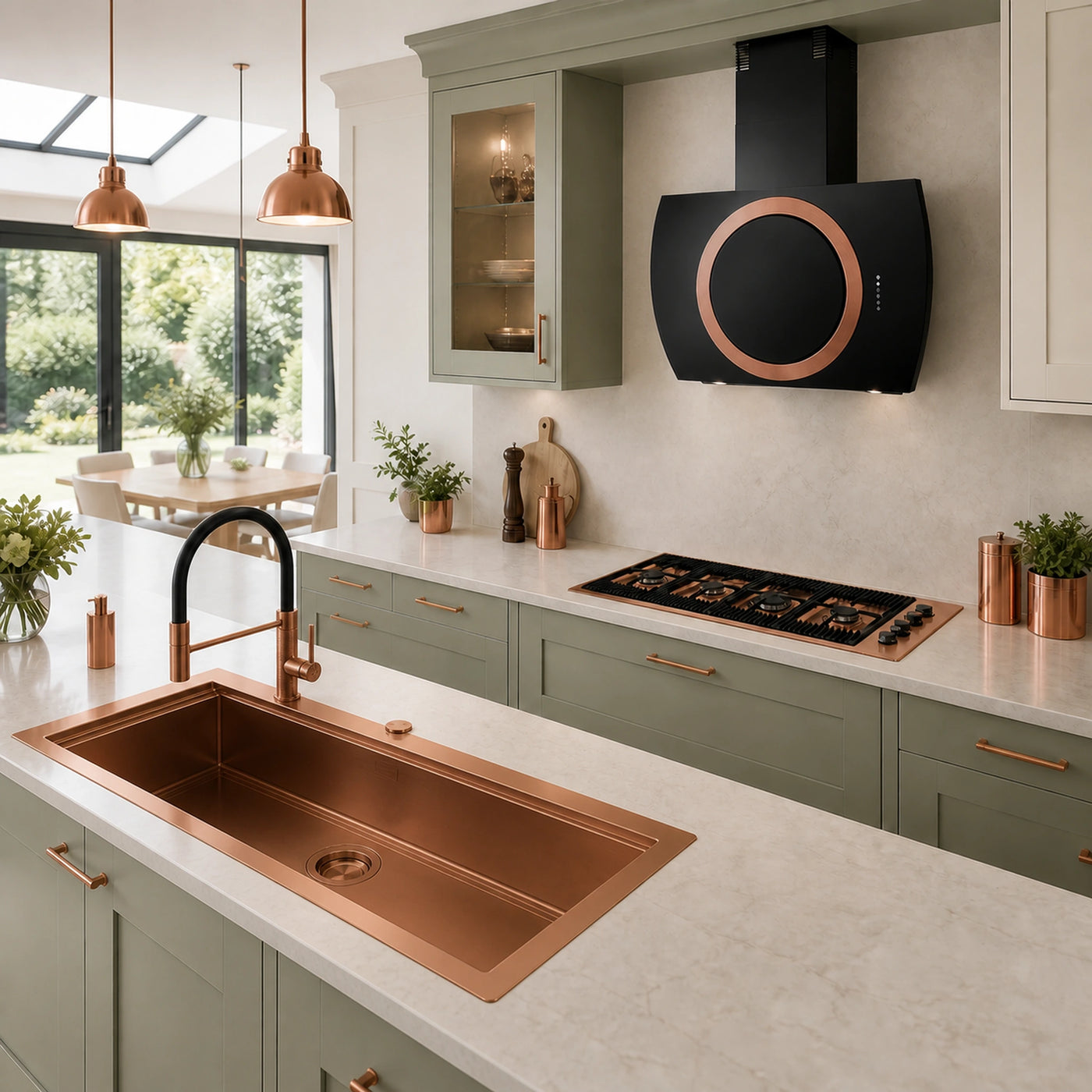 115cm Milano copper PVD steel gas hob with rapid wok burner Como wall cooker hood and Milano copper sink