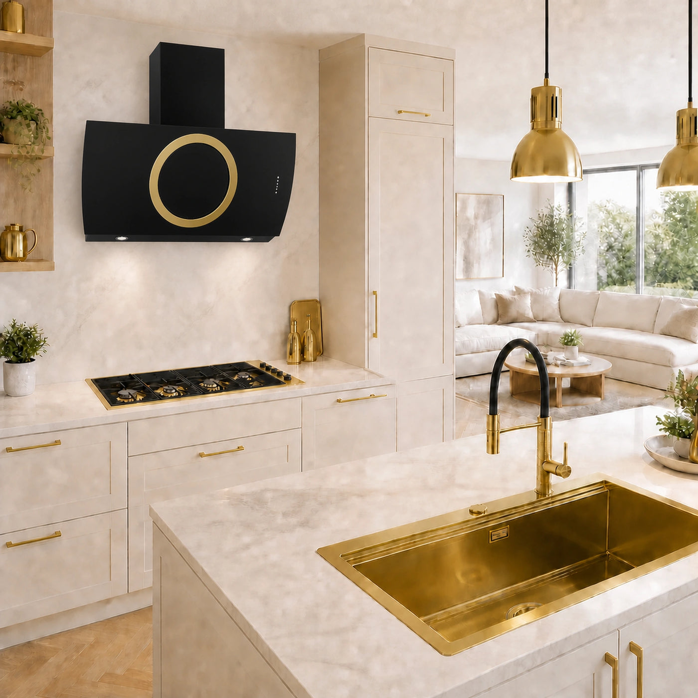 115cm milano gas hob with the Como wall mounted cooker hood and Milano gold sink and tap