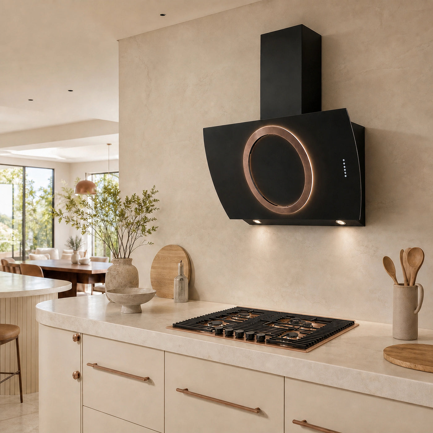 80cm milano copper 5 burner hob with the Como cooker hood 90cm matching copper fascia ring led lights