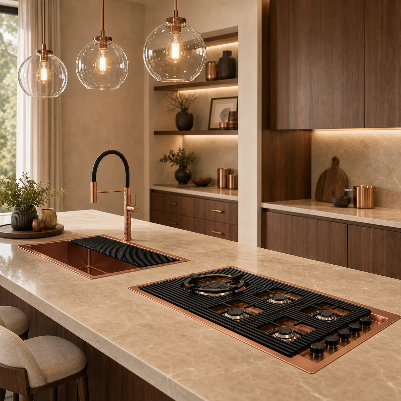 A modern kitchen island with a copper-toned gas cooktop, matching copper sink
