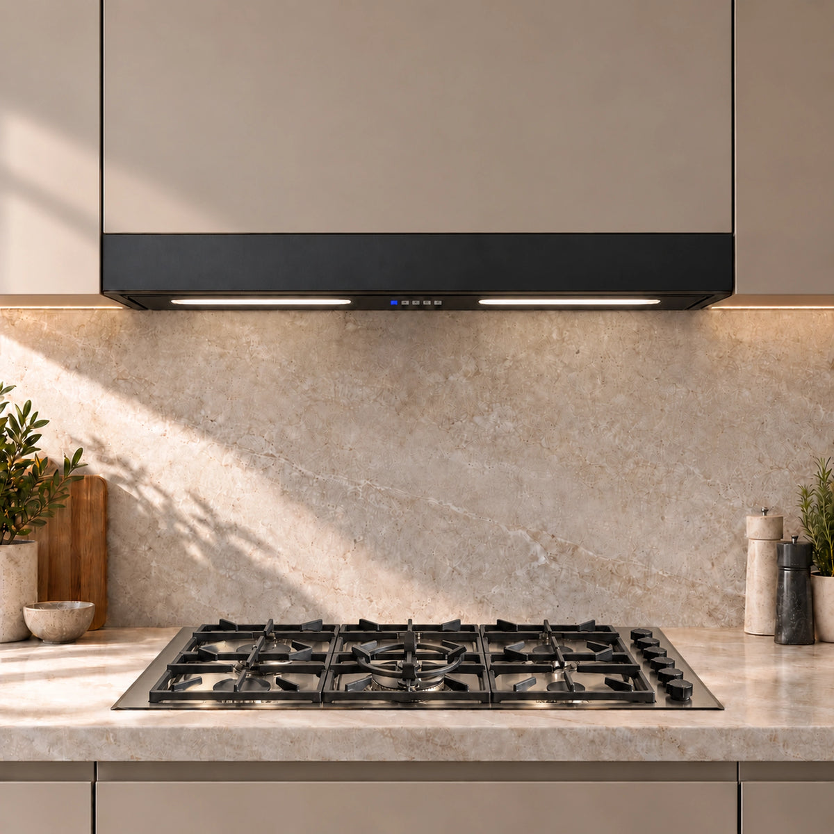 115cm None drop steam canopy cooker hood matt black with LED lights and Foster 6 burner gas hob