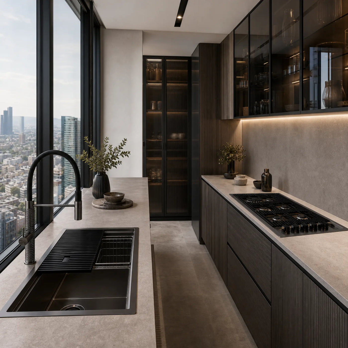 gun metal milan lusso gas hob with matching gun metal sink and tap and drainer