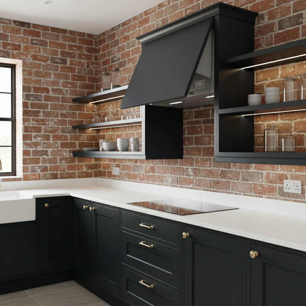 Integrated Cooker Hood Within A Black And White Kitchen With Feature Brickwork