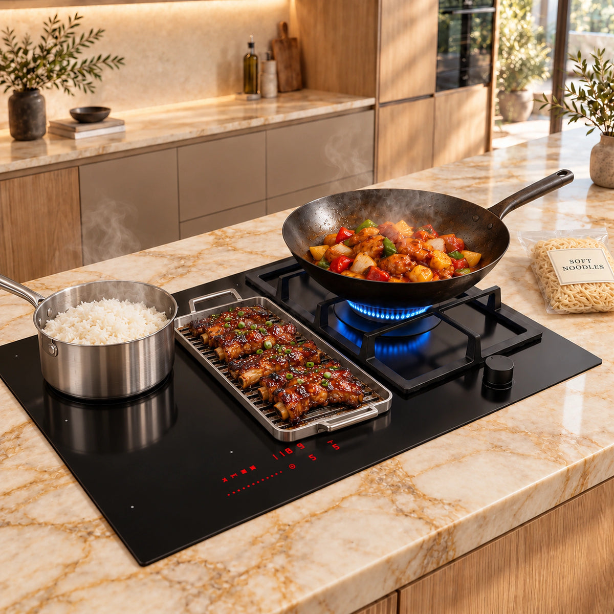90cm - Hybrid Gas and Induction Hob with Wok Burner - Image 4