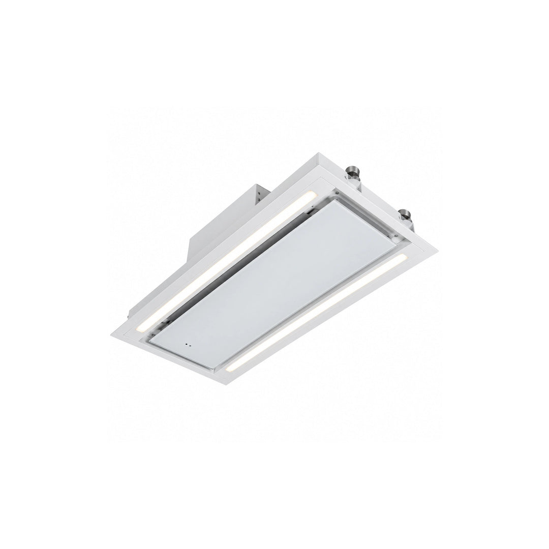 A modern rectangular recessed MIRA ceiling cooker hood with a white frame and integrated LED strip, shown at an angle on a solid white background.