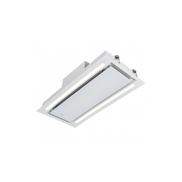 A modern rectangular recessed MIRA ceiling cooker hood with a white frame and integrated LED strip, shown at an angle on a solid white background.